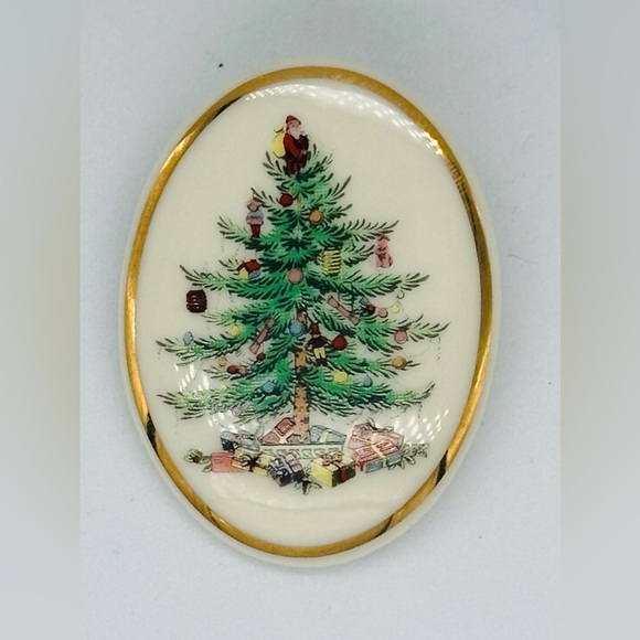 Spode Jewelry - Ceramic Spode Christmas Tree Painted Brooch China Christmas